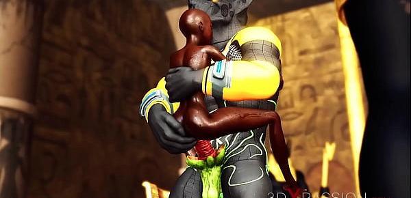  Ancient Egypt. Anubis plays with a hot black girl in the temple